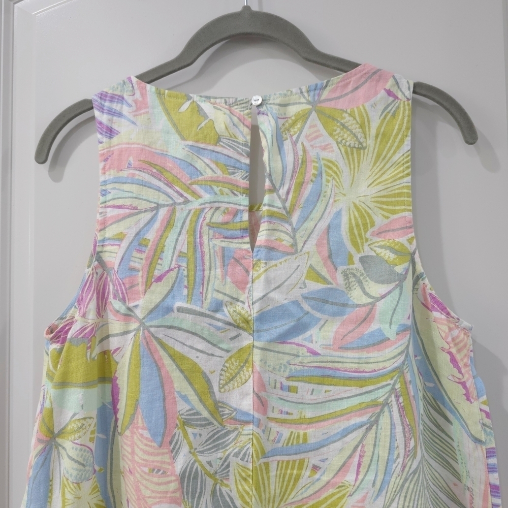 C&C 100% Linen Multicolor Tropical Pastel Sleeveless Trapeze Dress W/ Pockets - Picture 8 of 11